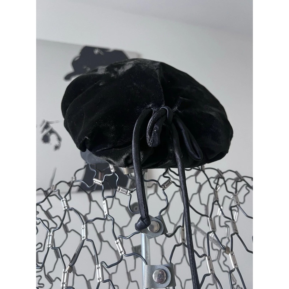 Vintage Style Black Velvet Beret Hat with Back Ties Adjustable Slouchy Tam